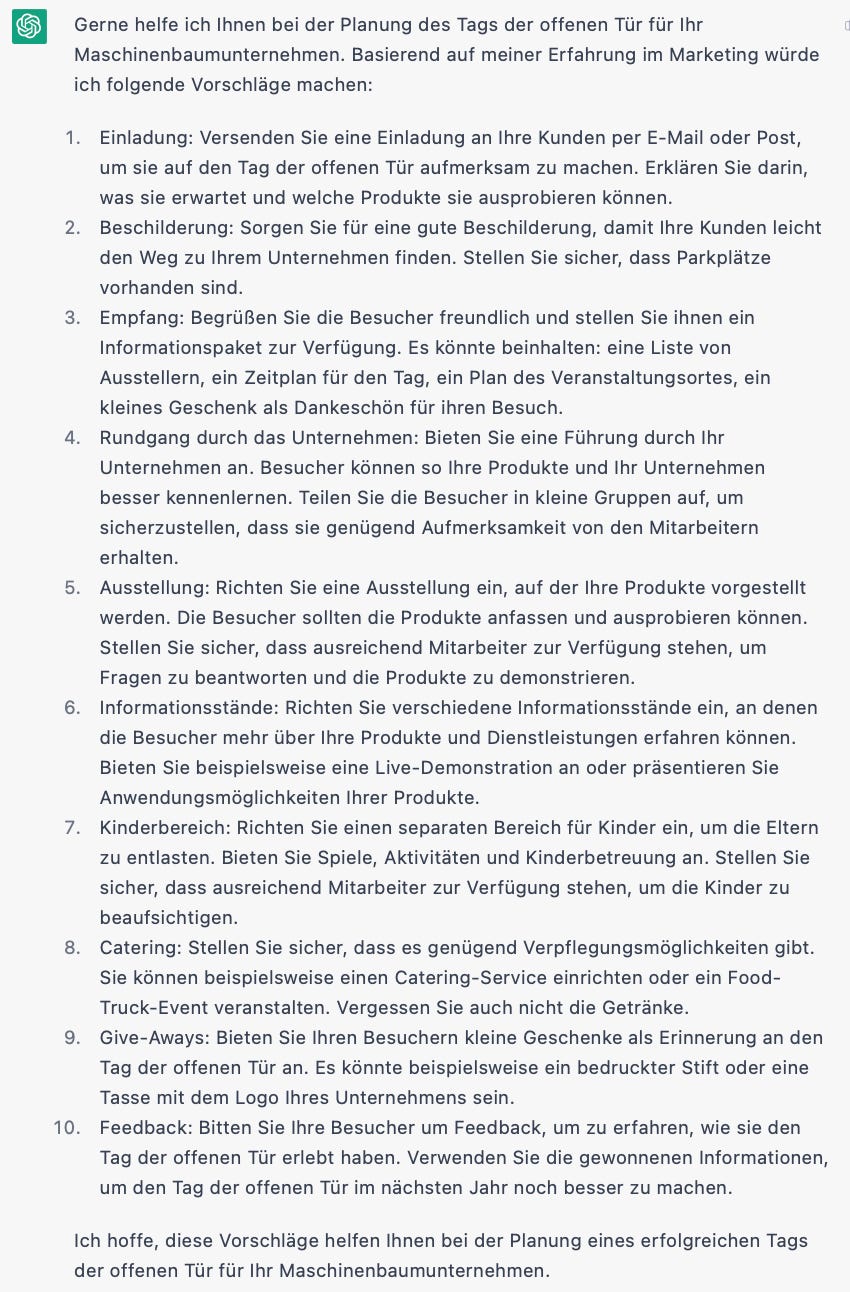 Antwort von ChatGPT mit Tipps für Tag der offenen Tür