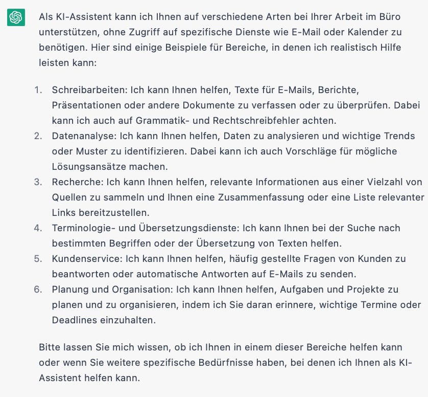 Antwort ChatGPT was es als Copilot für Assistenzen tun kann